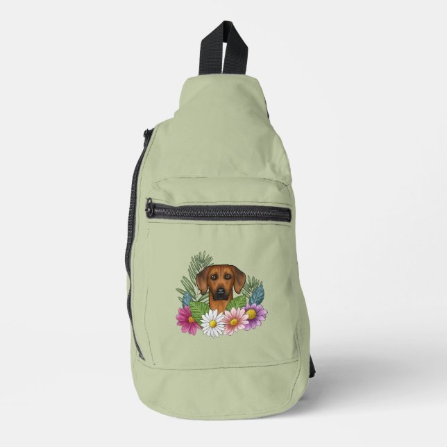 Rhodesian Ridgeback Head Colourful Flowers Green Sling Bag (Front)
