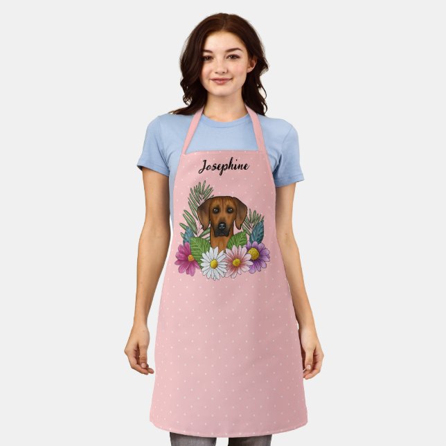 Rhodesian Ridgeback Head Colourful Flowers On Pink Apron (Worn)