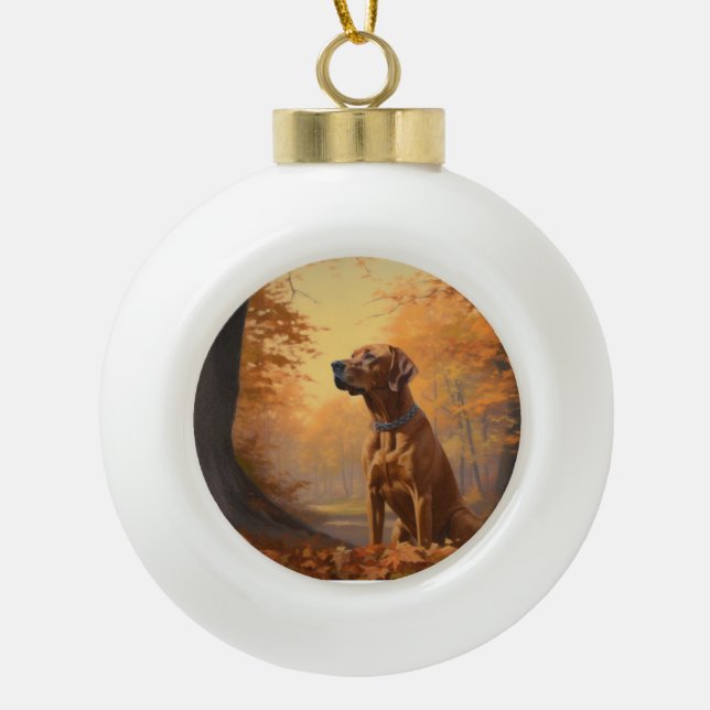 Rhodesian Ridgeback  in Autumn Leaves Fall Inspire Ceramic Ball Christmas Ornament (Front)
