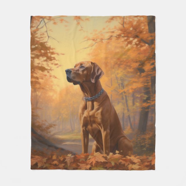 Rhodesian Ridgeback  in Autumn Leaves Fall Inspire Fleece Blanket (Front)