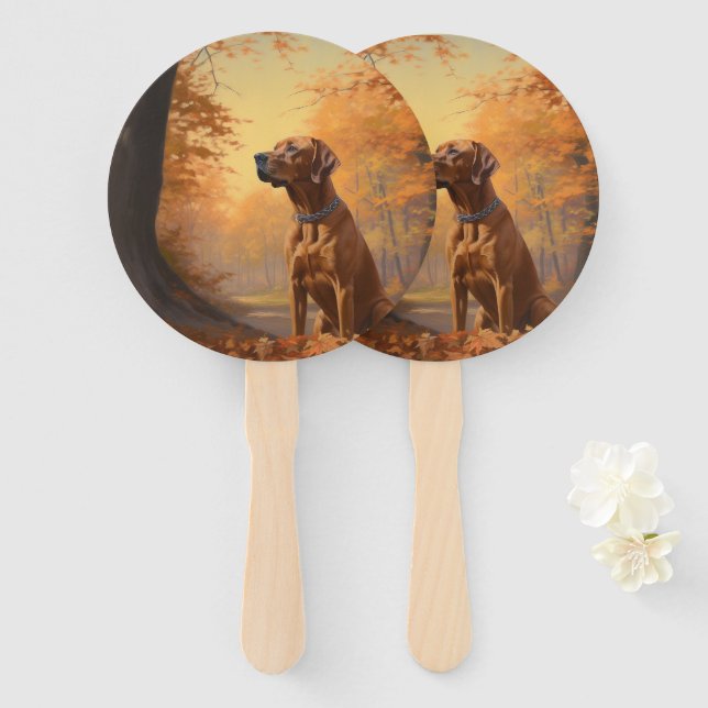 Rhodesian Ridgeback  in Autumn Leaves Fall Inspire Hand Fan (Front and Back)