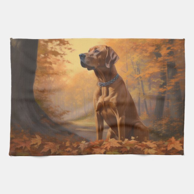 Rhodesian Ridgeback  in Autumn Leaves Fall Inspire Tea Towel (Horizontal)