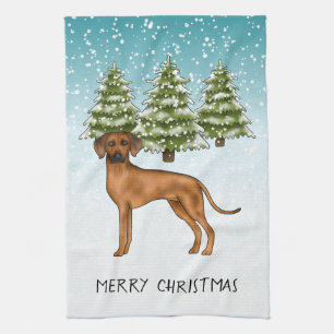 Rhodesian Ridgeback Lion Dog Snowy Winter Forest Tea Towel