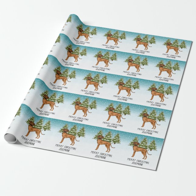 Rhodesian Ridgeback Lion Dog Snowy Winter Forest Wrapping Paper (Unrolled)