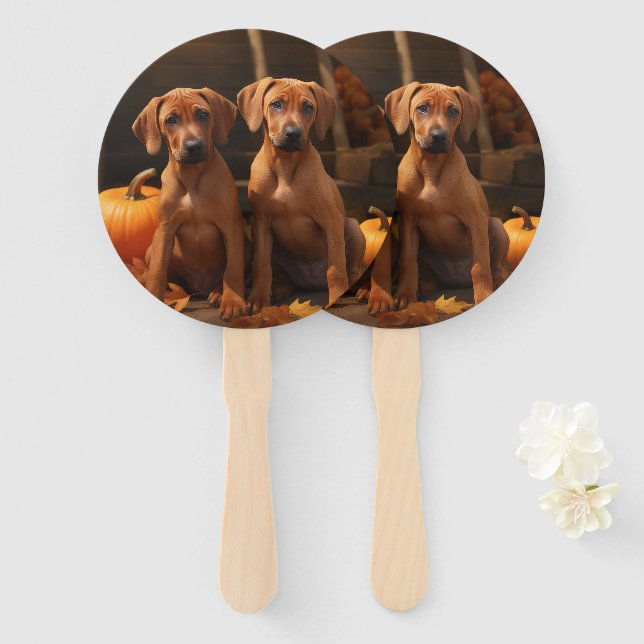Rhodesian Ridgeback Puppy Autumn Delight Pumpkin  Hand Fan (Front and Back)