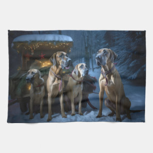 Rhodesian Ridgeback Snowy Sleigh Christmas Decor Tea Towel