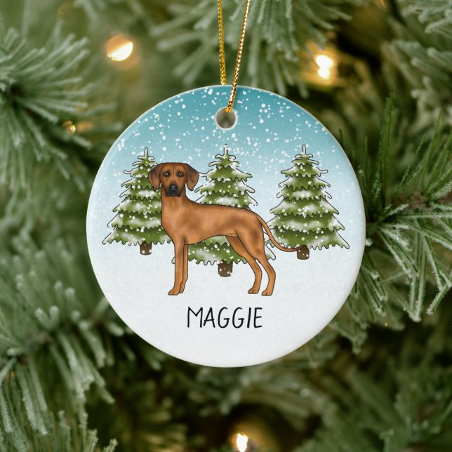 Rhodesian Ridgeback With Name Snowy Winter Forest Ceramic Tree Decoration (Tree)