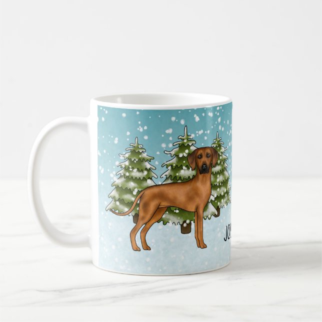 Rhodesian Ridgeback With Name Snowy Winter Forest Coffee Mug (Left)
