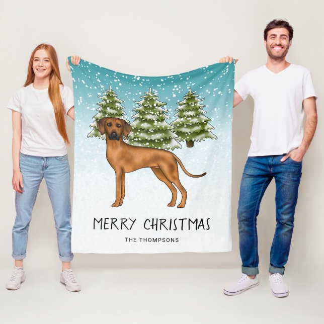 Rhodesian Ridgeback With Text Snowy Winter Forest Fleece Blanket (In Situ)