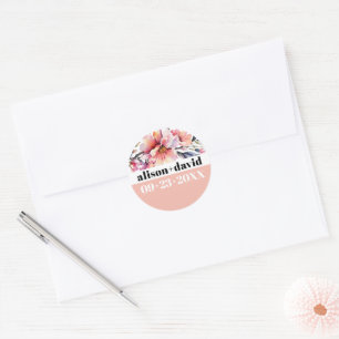 Rhododendron, bold typography peach-pink wedding classic round sticker