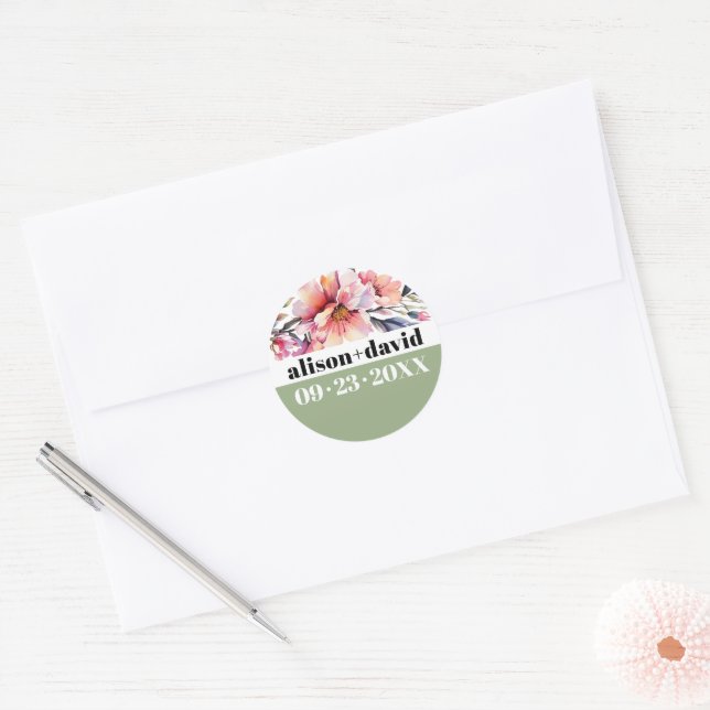 Rhododendron branch and bold typography wedding classic round sticker (Envelope)