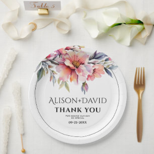 Rhododendron branch and peach-pink flowers wedding paper plate