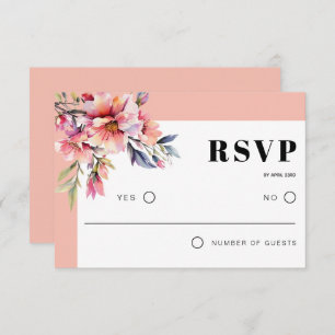 Rhododendron branch and peach pink flowers wedding RSVP card