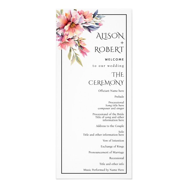 Rhododendron branch, peach flowers wedding program rack card (Front)