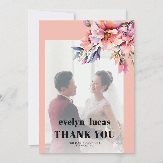 Rhododendron branch peach pink photo wedding thank you card (Front)