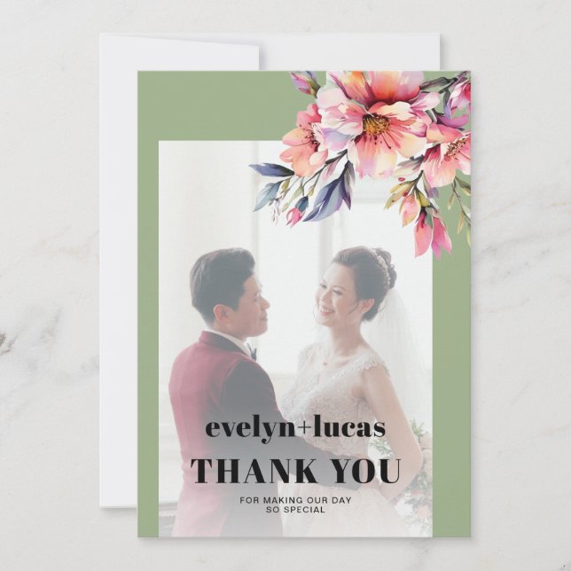 Rhododendron branch with flowers photo wedding thank you card (Front)