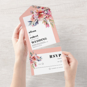 Rhododendron peach pink flowers peach-pink wedding all in one invitation