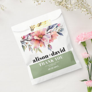 Rhododendron peach-pink flowers typography wedding favour bags