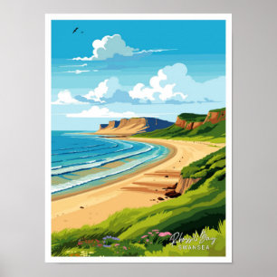 Rhossili Bay Swansea Travel Vintage illustration Poster
