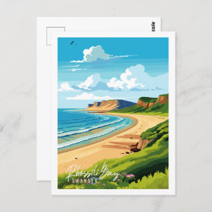 Rhossili Bay Swansea vintage travel illustration Postcard