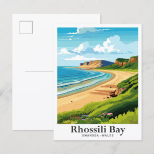 Rhossili Swansea Wales Vintage Travel Illustration Postcard