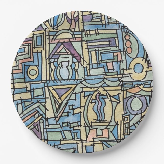 Rhythm In Blue-Hand Painted Modern Geometric Art Paper Plate (Front)