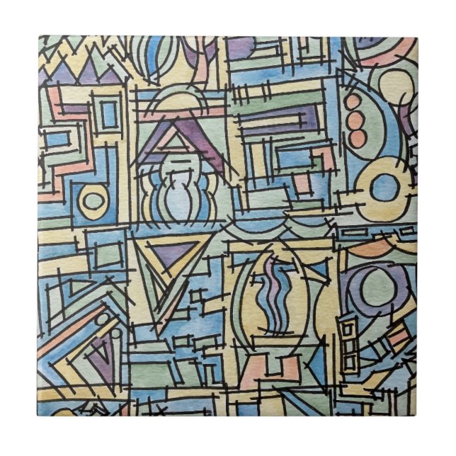 Rhythm In Blue-Modern Geometric Watercolor Art Tile (Front)