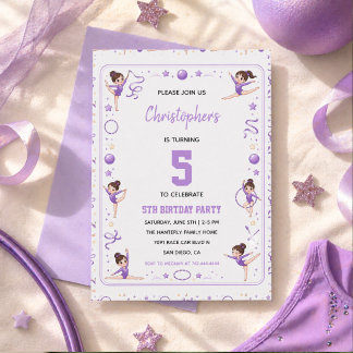 Rhythmic Gymnastics Purple Gold Photo 5th Birthday Invitation