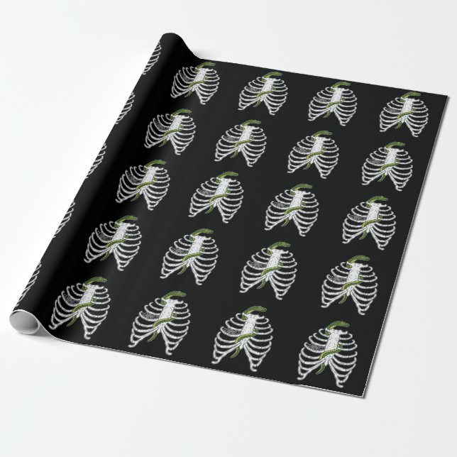 Rib Cage Bones With Green Snake Halloween Pattern Wrapping Paper (Unrolled)