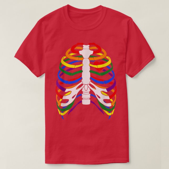 Rib Cage Skeleton Gay Pride Rainbow Flag Halloween T-Shirt (Design Front)