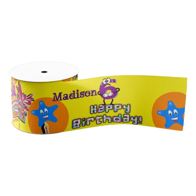 Ribbon, #6 Happy 6th Birthday Ribbon Grosgrain Ribbon (Spool)