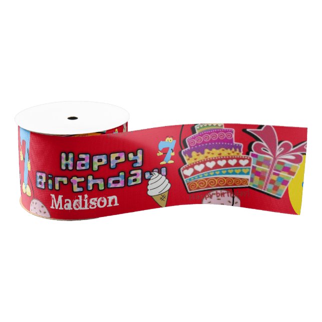 Ribbon, #7 Happy 7th Birthday Ribbon Grosgrain Ribbon (Spool)