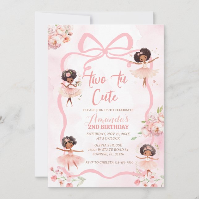 Ribbon African Ballerina Two Tu Cute Birthday   Invitation (Front)