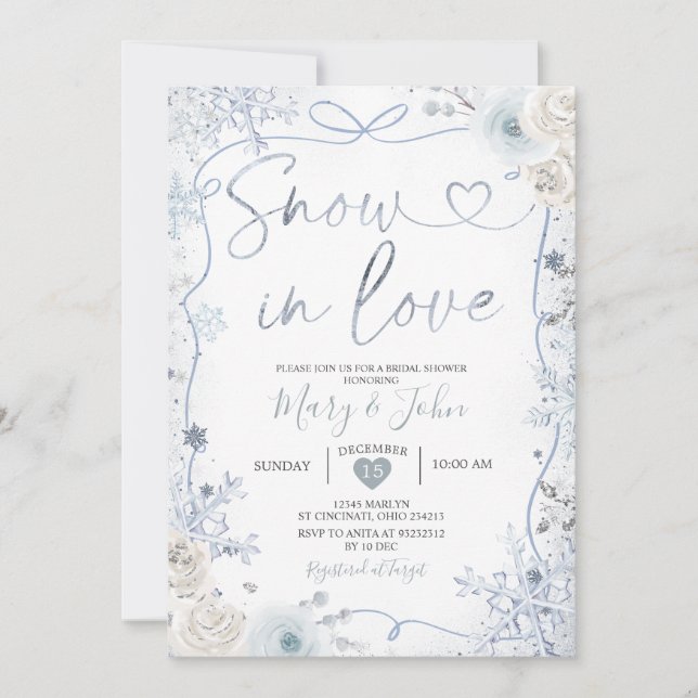 Ribbon and Bow Winter Snow in Love Bridal Shower Invitation (Front)