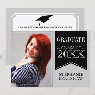 Ribbon Black School Colours Photo Graduation Invitation