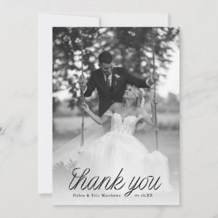 Ribbon Black Script Minimalist Wedding Photo  Thank You Card