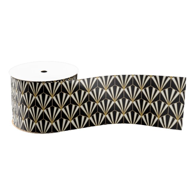 Ribbon - Black White Gold Fan Pattern Grosgrain Ribbon (Spool)