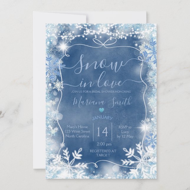 Ribbon Blue Snow in Love Snowflake Bridal Shower  Invitation (Front)