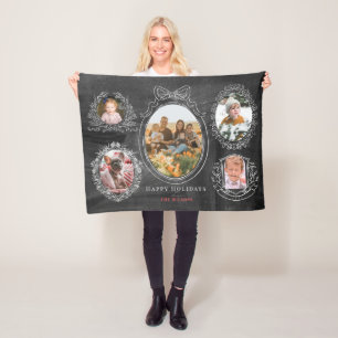 Ribbon & Botanical Frames 5 Photo Christmas Black Fleece Blanket