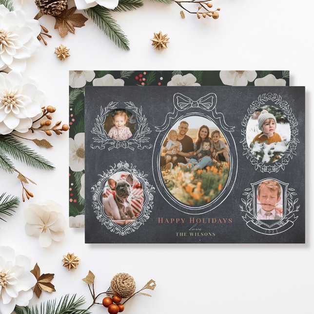 Ribbon & Botanical Frames 5 Photo Christmas Card (Creator Uploaded)