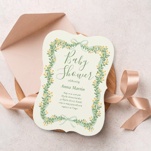 Ribbon Bow and Greenery Baby Shower Invitation