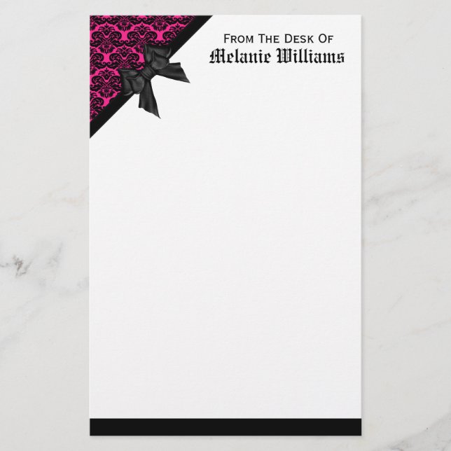 Ribbon Bow Black and Hot Pink Damask Stationery (Front)