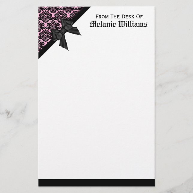 Ribbon Bow Black and Light Pink Damask Stationery (Front)
