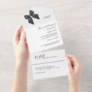 Ribbon Bow Classical Black & White Wedding All In One Invitation