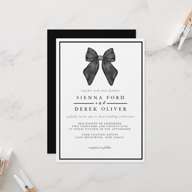 Ribbon Bow Classical Black & White Wedding Invitation (Front/Back In Situ)