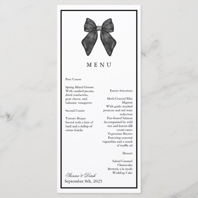 Ribbon Bow Classical Black & White Wedding Menu (Front)