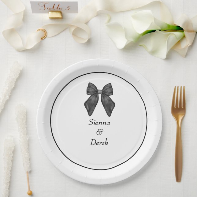 Ribbon Bow Classical Black & White Wedding Paper Plate (Wedding)