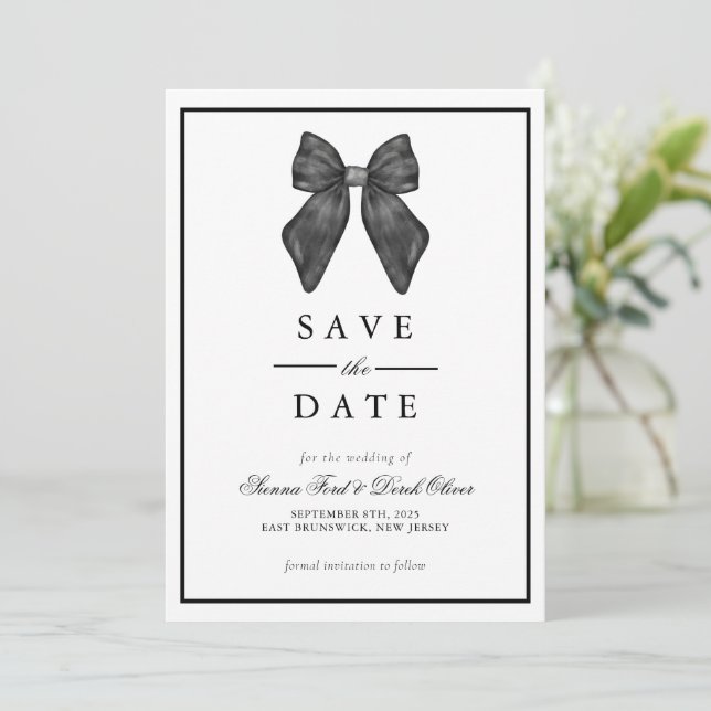 Ribbon Bow Classical Black & White Wedding  Save The Date (Standing Front)