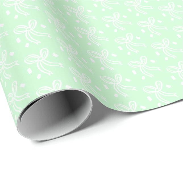 Ribbon Bow Doodle CHRISTMAS Holiday Mint White Wrapping Paper (Roll Corner)