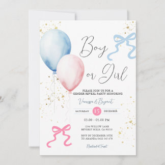Ribbon Bow Pink & Blue Gender Reveal Balloon Invitation